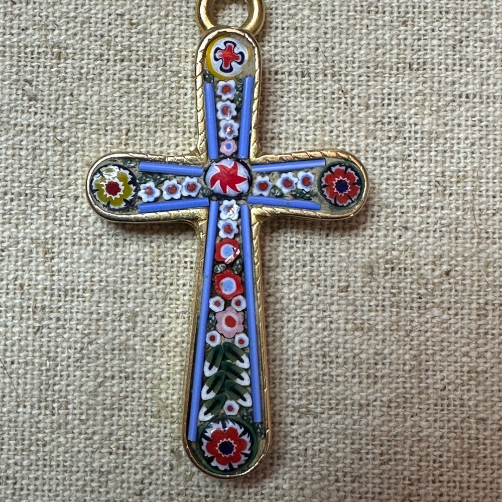 Vintage Micro Mosaic Cross Pendant - Made In Italy
